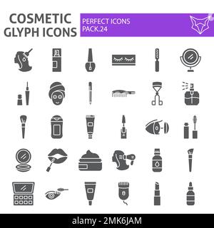 Cosmetic glyph icon set, makeup symbols collection, vector sketches, logo illustrations, beauty signs solid pictograms package isolated on white background, eps 10. Stock Vector