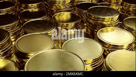 Many gold coins stacked over golden background. Stock Photo