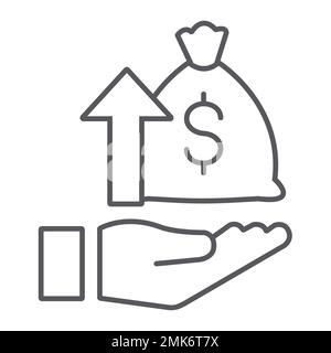 Raising funds thin line icon, money and increase, money bag and arrow up sign, vector graphics, a linear pattern on a white background, eps 10. Stock Vector