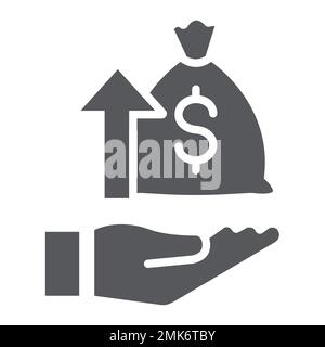 Raising funds glyph icon, money and increase, money bag and arrow up sign, vector graphics, a solid pattern on a white background, eps 10. Stock Vector