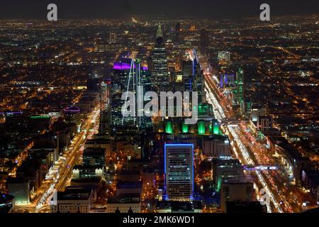 Panoramic view from the Sky Bridge at night, Kingdom Center, Riyadh, Saudi Arabia Stock Photo