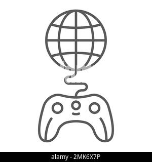 Global game thin line icon, play and world, globe with joystick sign, vector graphics, a linear pattern on a white background, eps 10. Stock Vector