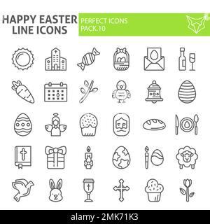 Happy easter line icon set, holiday symbols collection, vector sketches, logo illustrations, celebration signs linear pictograms package isolated on white background, eps 10. Stock Vector