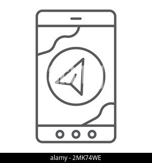 Navigation thin line icon, gps and location, arrow on phone screen sign, vector graphics, a linear pattern on a white background, eps 10. Stock Vector