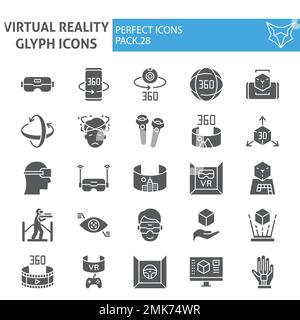 Virtual reality glyph icon set, augmented reality symbols collection, vector sketches, logo illustrations, game simulation signs solid pictograms package isolated on white background, eps 10. Stock Vector