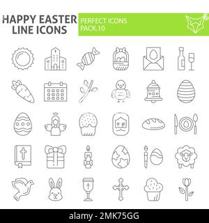 Happy easter thin line icon set, holiday symbols collection, vector sketches, logo illustrations, celebration signs linear pictograms package isolated on white background, eps 10. Stock Vector