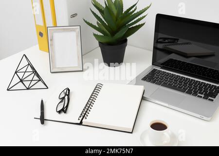 high angle office desk arrangement. High resolution photo Stock Photo