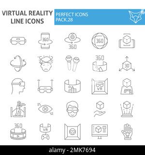Virtual reality thin line icon set, augmented reality symbols collection, vector sketches, logo illustrations, game simulation signs linear pictograms package isolated on white background, eps 10. Stock Vector