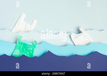 top view paper ocean waves plastic bags. High resolution photo Stock Photo