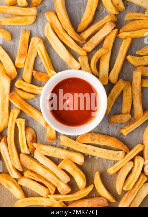 flat lay french fries ketchup. High resolution photo Stock Photo