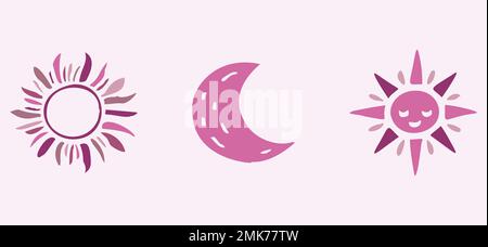 Cute whimsical sun and moon set of vector motifs. Illustration of night and day sky collection for children clipart.  Stock Vector