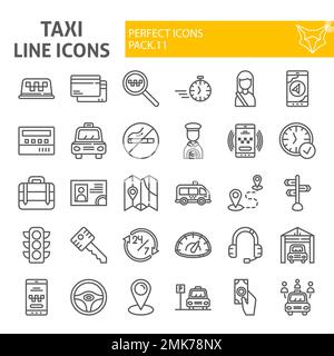 Taxi line icon set, car symbols collection, vector sketches, logo illustrations, cab signs linear pictograms package isolated on white background, eps 10. Stock Vector