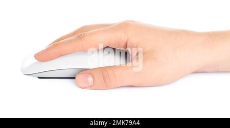 Woman using modern wireless optical mouse isolated on white, closeup Stock Photo