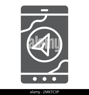 Navigation glyph icon, gps and location, arrow on phone screen sign, vector graphics, a solid pattern on a white background, eps 10. Stock Vector