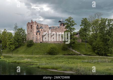 View to mediewal Dobele castle ruins (restored) in Latvia Stock Photo