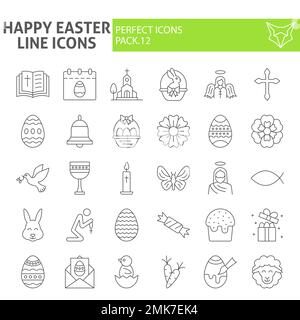 Happy easter thin line icon set, spring holiday symbols collection, vector sketches, logo illustrations, christian celebration signs linear pictograms package isolated on white background, eps 10. Stock Vector