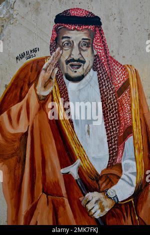 Painting by Saudi artist Maha Alkafi of King Salman ibn Abd al-Aziz Al Saud, Al-Safah Square, Riyadh, Saudi Arabia Stock Photo