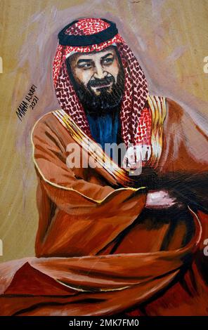 Painting by Saudi artist Maha Alkafi of Crown Prince Mohammed bin Salman Al Saud, Al-Safah Square, Riyadh, Saudi Arabia Stock Photo