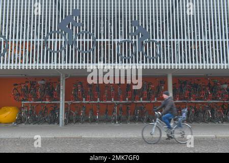 Parking garage for bicycles, Bahnhofsplatz, Oranienburg, Oberhavel County, Brandenburg, Germany Stock Photo