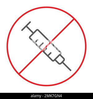 No drugs thin line icon, prohibited and forbidden, no syringe sign, vector graphics, a linear pattern on a white background, eps 10. Stock Vector