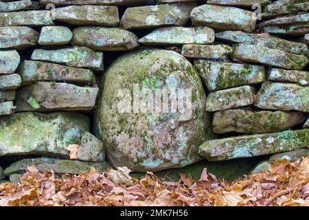 A stone wall in northeast Pennsylvania using flat and round sandstone. Stock Photo