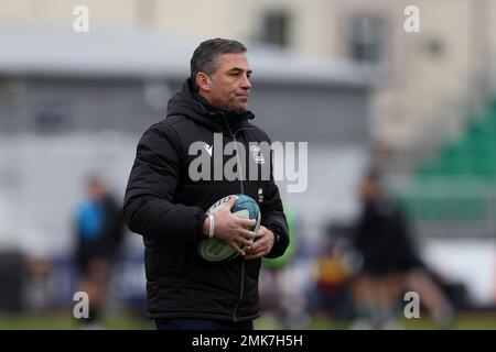 Newport, UK. 28th Jan, 2023. Franco Smith, the head coach of Glasgow Warriors rugby team looks on ahead of the game. United Rugby Championship, Dragons v Glasgow Warriors at Rodney Parade in Newport on Saturday 28th January 2023. pic by Andrew Orchard/Andrew Orchard sports photography/Alamy Live news Credit: Andrew Orchard sports photography/Alamy Live News Stock Photo