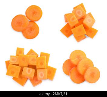 Set of cut fresh ripe carrots on white background, top view Stock Photo