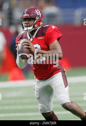 San Antonio Commanders quarterback Marquise Williams (12) warms up before  an AAF football game against the Arizona Hotshots, Sunday, March 10, 2019,  at Sun Devil Stadium in Phoenix. (AP Photo/Rick Scuteri Stock