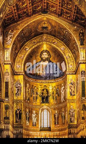 Christ Pantocrator, Byzantine gold ground mosaics, Monreale Cathedral, Santa Maria Nuova, Sicily, Monreale, Sicily, Italy Stock Photo