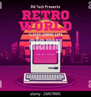 Retro Gaming Social media post template with vintage PC. Classic Games Expo invitation card design. Stock vector poster graphics. Stock Vector