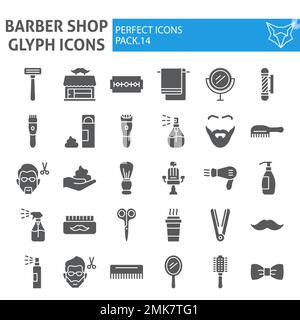 Barber shop glyph icon set, hairstyle symbols collection, vector sketches, logo illustrations, hair care signs solid pictograms package isolated on white background, eps 10. Stock Vector