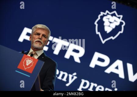 Prague, Czech Republic. 28th Jan, 2023. Winner of Czech presidential elections and former military general Petr Pavel seen on stage at his campaign headquarter in Prague on the second day of the second round of the Czech presidential elections. Petr Pavel wins the presidential elections, outpacing former Czech prime minister, chairman of political movement ANO and billionaire Andrej Babis. Credit: SOPA Images Limited/Alamy Live News Stock Photo