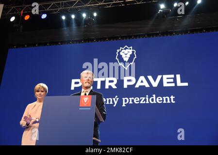 Prague, Czech Republic. 28th Jan, 2023. Winner of Czech presidential elections and former military general Petr Pavel seen on stage at his campaign headquarter in Prague on the second day of the second round of the Czech presidential elections. Petr Pavel wins the presidential elections, outpacing former Czech prime minister, chairman of political movement ANO and billionaire Andrej Babis. Credit: SOPA Images Limited/Alamy Live News Stock Photo