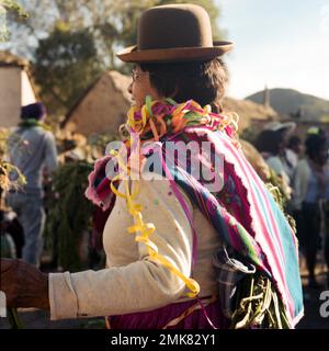 Atacama plateau desert carnival tradition traditional costume Latin America America animated Bolivian Bolivia custom customs colourful crowded Stock Photo