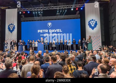 Prague, Czech Republic. 28th Jan, 2023. Winner of Czech presidential elections and former military general Petr Pavel speaks to his supporters at his campaign headquarter in Prague on the second day of the second round of the Czech presidential elections. Petr Pavel wins the presidential elections, outpacing former Czech prime minister, chairman of political movement ANO and billionaire Andrej Babis. Credit: SOPA Images Limited/Alamy Live News Stock Photo