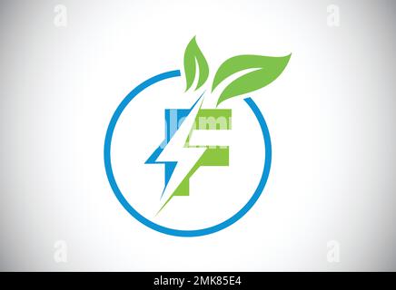 Initial F letter thunderbolt leaf circle or eco energy saver icon. Leaf and thunderbolt icon concept for nature power electric logo Stock Vector