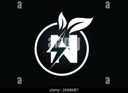 Initial N letter thunderbolt leaf circle or eco energy saver icon. Leaf and thunderbolt icon concept for nature power electric logo Stock Vector