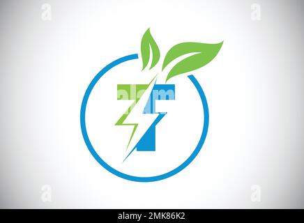 Initial T letter thunderbolt leaf circle or eco energy saver icon. Leaf and thunderbolt icon concept for nature power electric logo Stock Vector