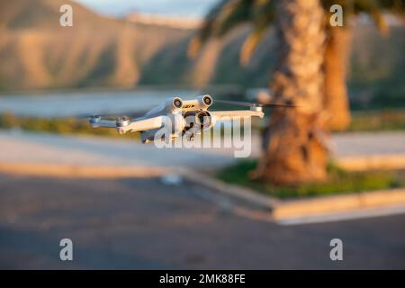 Tenerife, Spain, 27th January 2023: A DJI Mini 3 Pro drone in flight, DJI's new lightweight drone Stock Photo