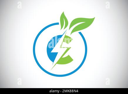 Initial C letter thunderbolt leaf circle or eco energy saver icon. Leaf and thunderbolt icon concept for nature power electric logo Stock Vector