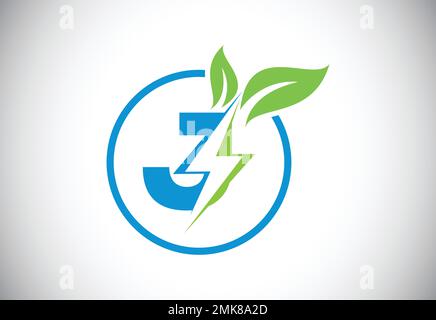 Initial J letter thunderbolt leaf circle or eco energy saver icon. Leaf and thunderbolt icon concept for nature power electric logo Stock Vector