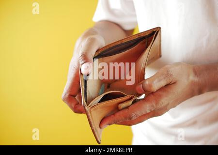 Man hand open an empty wallet with copy space. Stock Photo