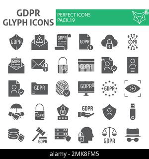 Gdpr glyph icon set, general data protection regulation symbols collection, vector sketches, logo illustrations, security signs solid pictograms package isolated on a white background, eps 10. Stock Vector