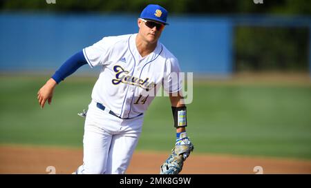 Cole Mueller of UC Santa Barbara catches the ball for a force out at first  base while playing Missouri State during an NCAA college baseball game,  Friday, March 22, 2019, in Santa