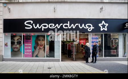 Superdrug store front, Queen Street, Cardiff, South Wales. January 2023. Winter Stock Photo