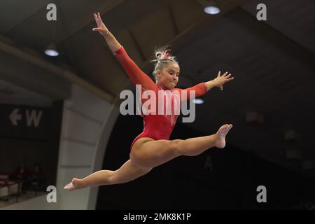 Arkansas gymnast Cally Swaney on the balance beam during an NCAA ...