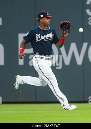 Jorge Mateo, of the Oakland Athletics, tags out Cristian Pache, of the  Atlanta Braves, during the seventh inning of the MLB All-Star Futures  baseball game, Sunday, July 7, 2019, in Cleveland. The