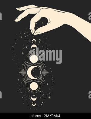 Hand holds pendant with lunar phases, crescent pendulum or amulet, moon witchcraft and sorcery , divination and fortunetelling, vector Stock Vector