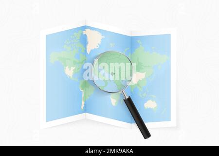 Enlarge Montenegro with a magnifying glass on a folded map of the world. Vector paper map. Stock Vector