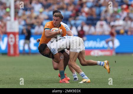 Sydney, Australia. 28th Jan, 2023. Nathan Lawson of Australia is tackled during the 2023 Sydney Sevens match between Australia and Argentina at Allianz Stadium on January 28, 2023 in Sydney, Australia Credit: IOIO IMAGES/Alamy Live News Stock Photo